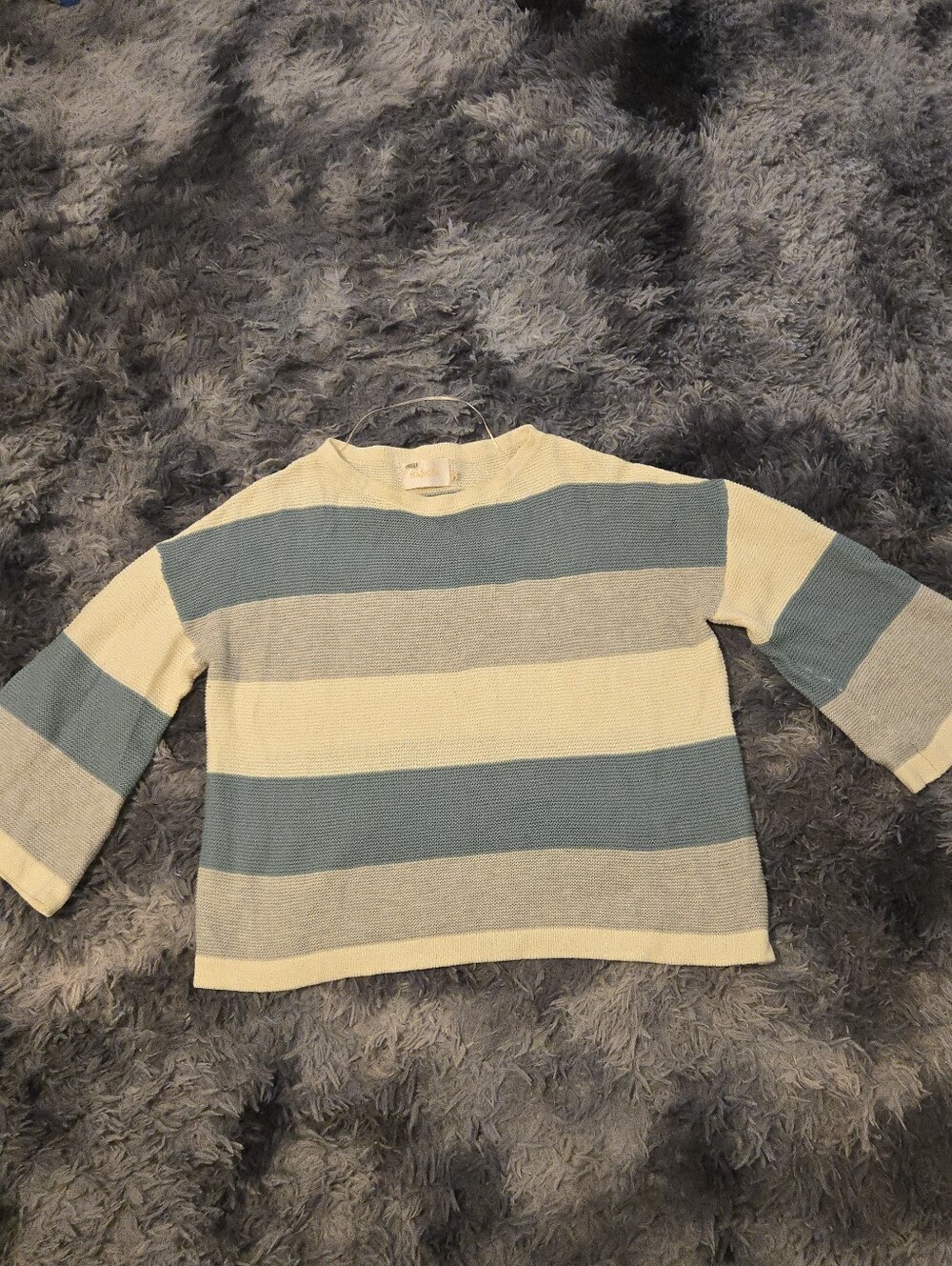 SANCIA Striped Bell Sleeve Knit Sweater Size S Boho Blue Cream Gray